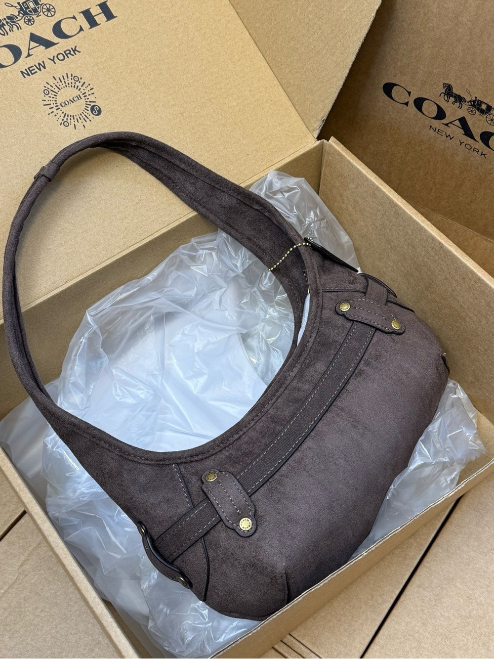 Coach Brown Suede Shoulder Clutch with Gold Hardware - Picture 3 of 6
